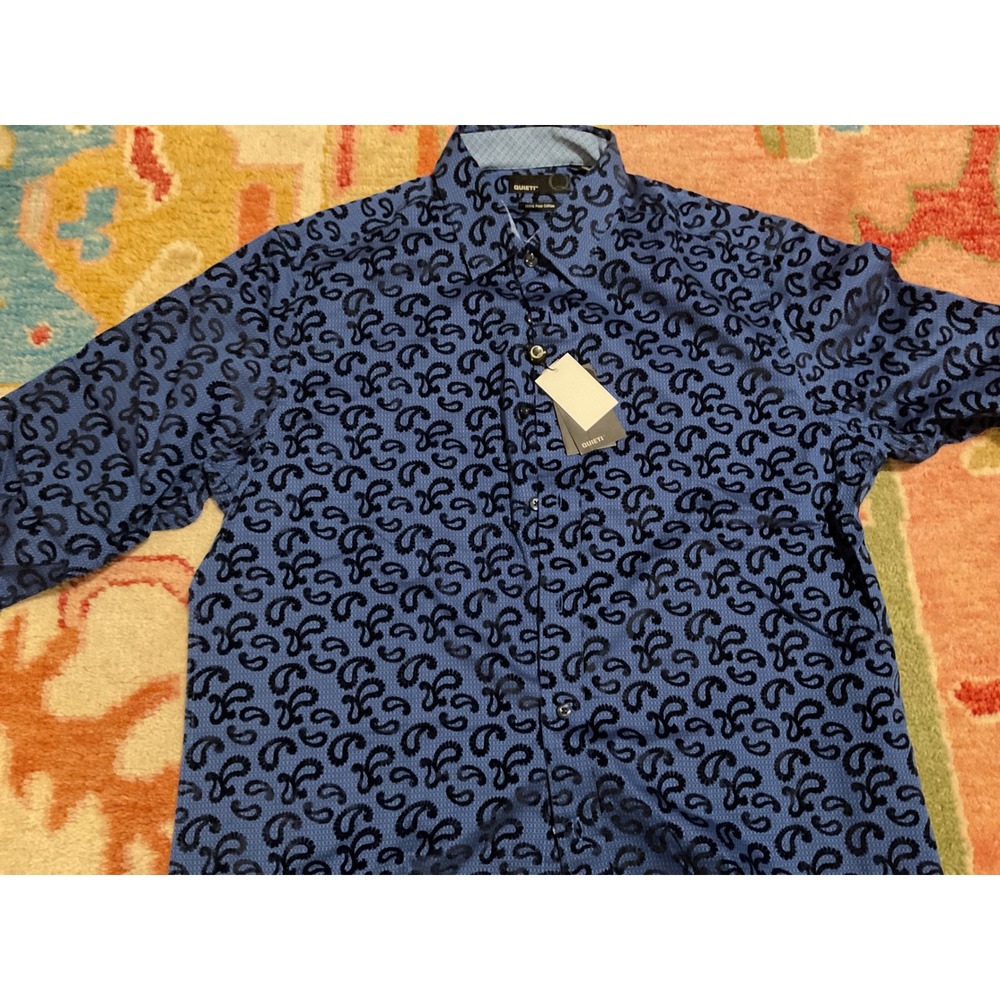 Quieti Mens Blue Paisley Flocked Cotton Button Down Shirt Large NWT - Picture 2 of 5